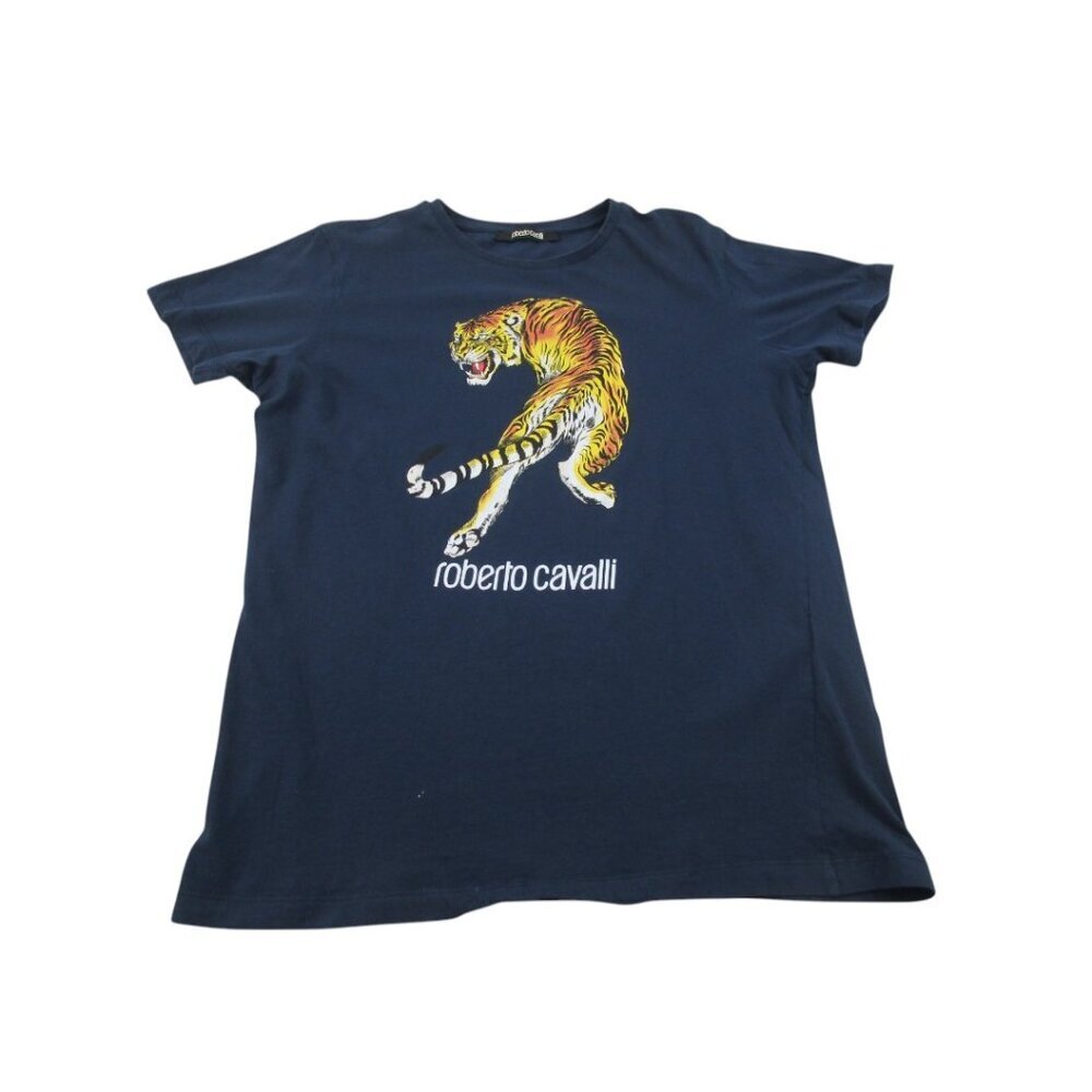 Roberto Cavalli Shirt Navy Tiger Print Cotton Short Sleeve Crew‎ Neck Tee